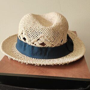 H&M NEW Paper Straw Sun Summer Hat with Navy Ribbon Sz M 56 Bow Handmade Light